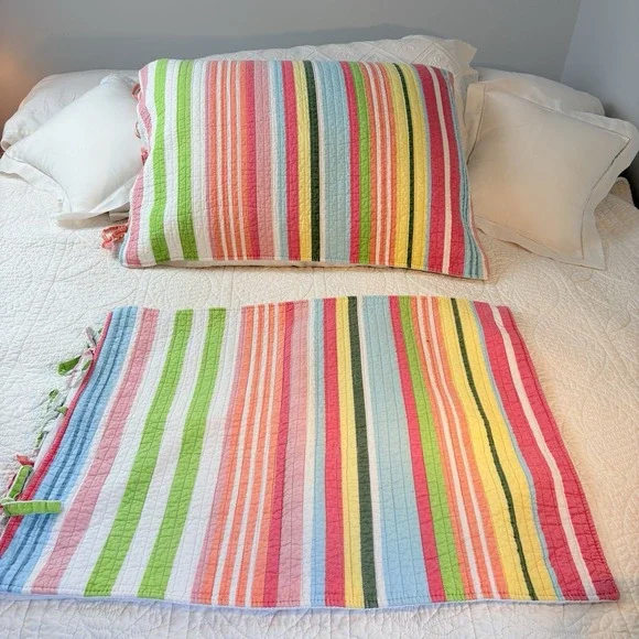 Beach‎ House Pillow  Shams Quilted Multicolor Stripes Tie Closure Cotton - Picture 10 of 10